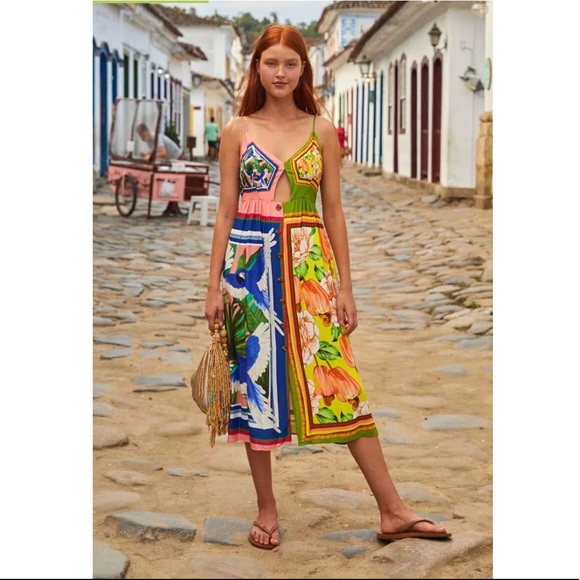 FARM Rio Dresses & Skirts - Farm Rio Blue Pink Parrot Yellow Green Floral Scarf Midi Dress NWT Small